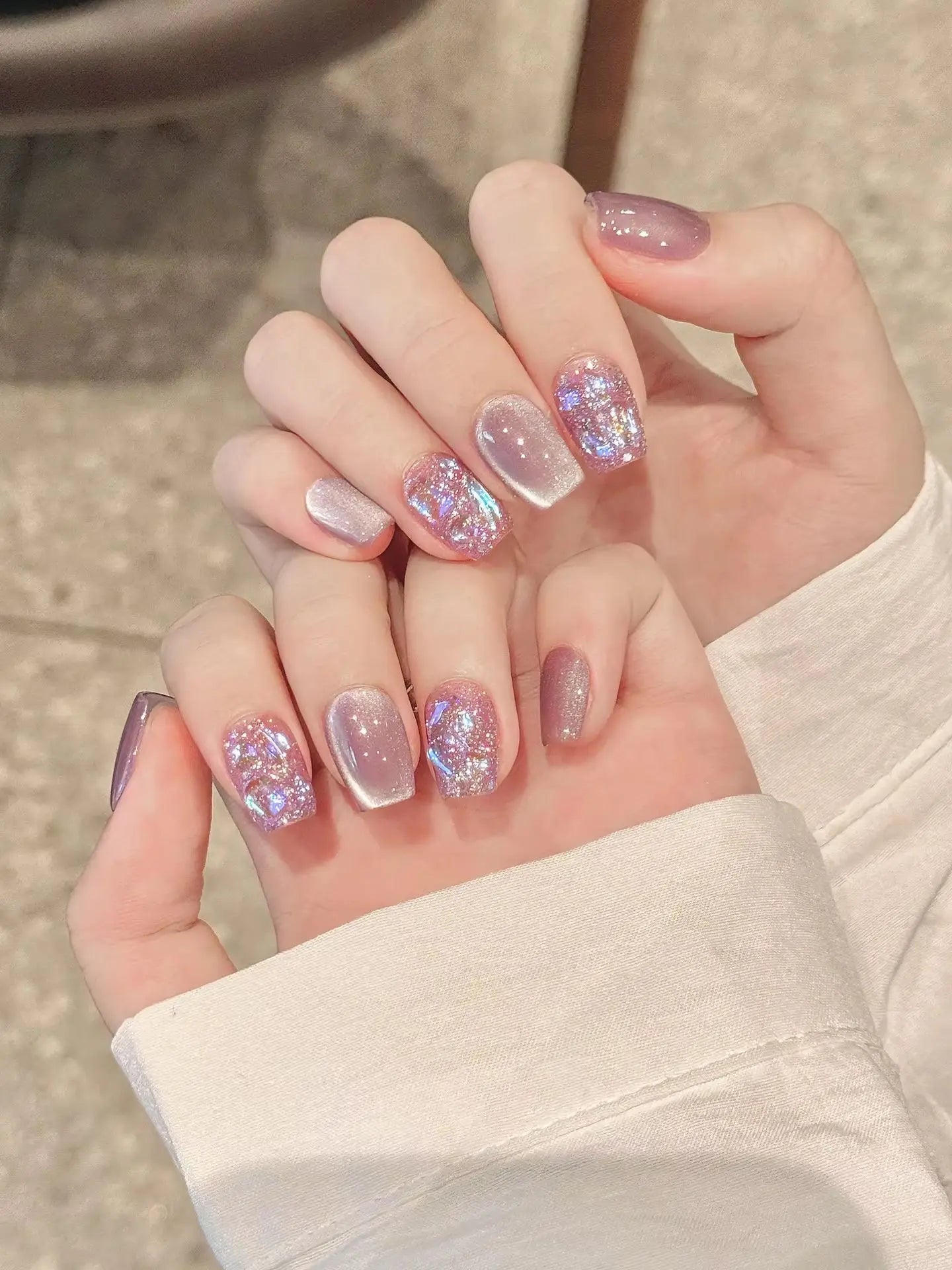 Faux ongles à pression Amande Court Lavande Pailletée Diamant Brisé - Faits main (Lot de 10)