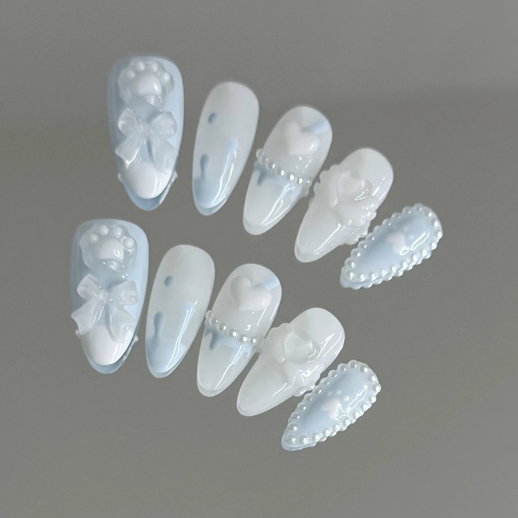 Faux ongles à pression Amande Bleu Nœud et Cœur 3D - Faits main (Lot de 10)