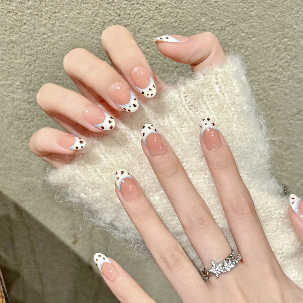 Faux ongles à pression Ovale Moyen Beige Rosé French Motif Léopard - Faits main (Lot de 10)