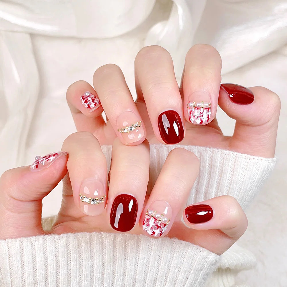 Faux ongles à pression - Carrés arrondie - Rouge Tweed Perle Strass – Faits main (Lot de 10)