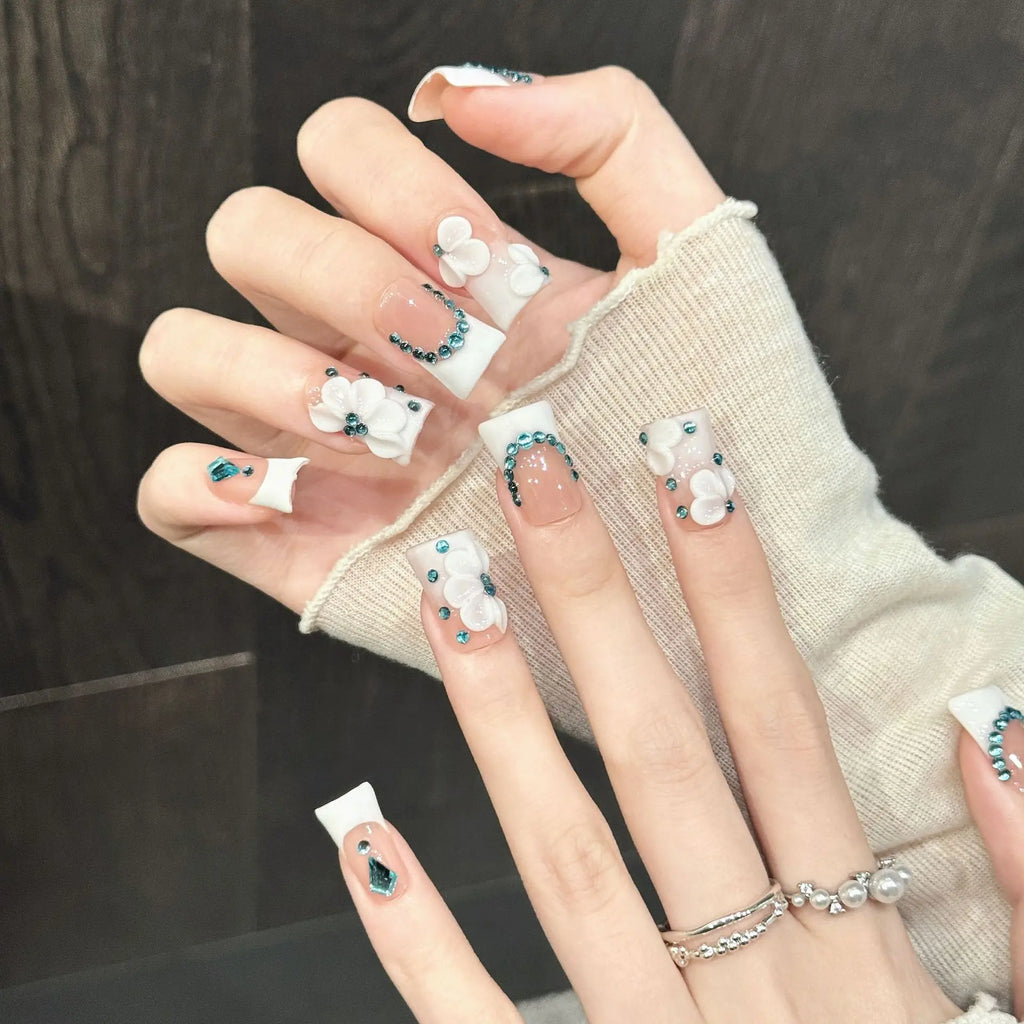 Faux ongles à pression Duck Moyen Bleu Océan Smudge French Nude Rose Diamants Bleus - Faits main (Lot de 10)