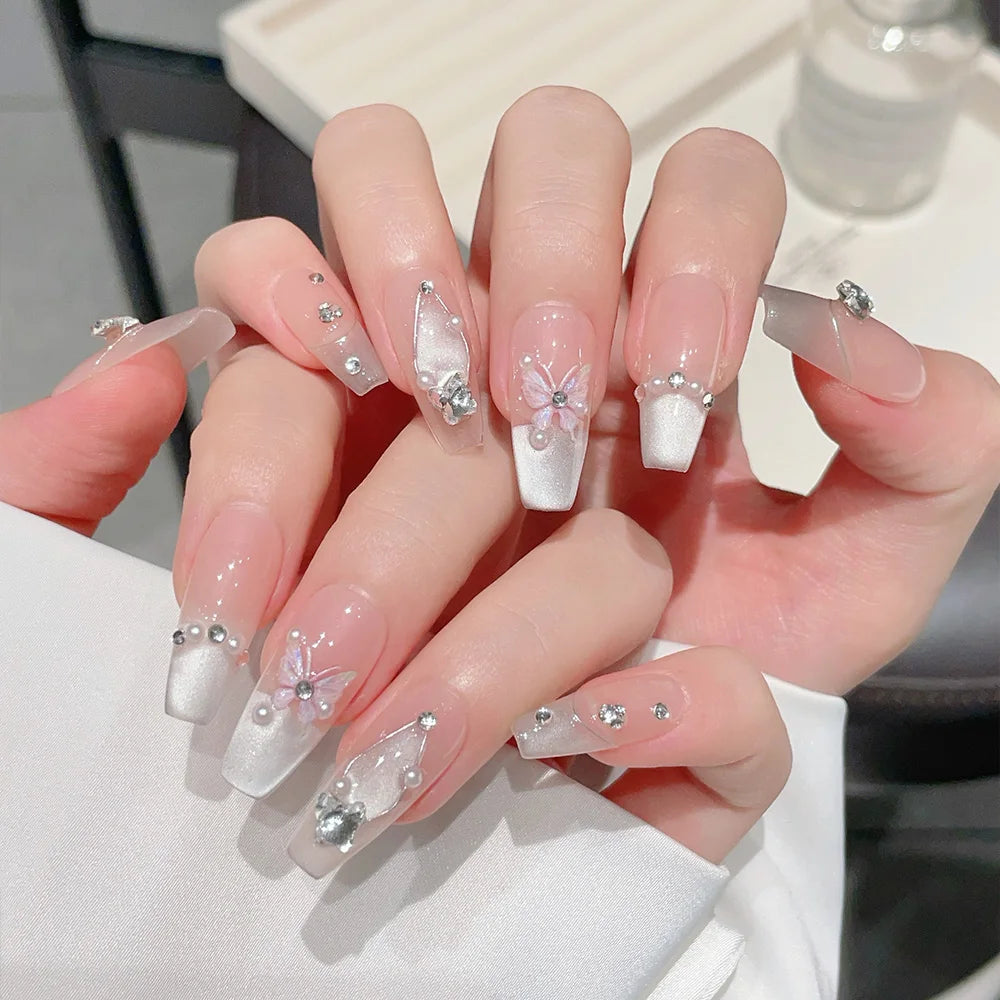 Faux ongles à pression Ballerine Long Rose Doux Papillon Argenté Délicat - Faits main (Lot de 10)