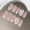 Faux ongles à pression Trapèze Court Rose Strass Cœur Nœud Kawaii - Faits main (Lot de 10)