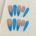 Faux ongles à pression Amande Long Nude Bleu Lignes Dansantes - Faits main (Lot de 10)
