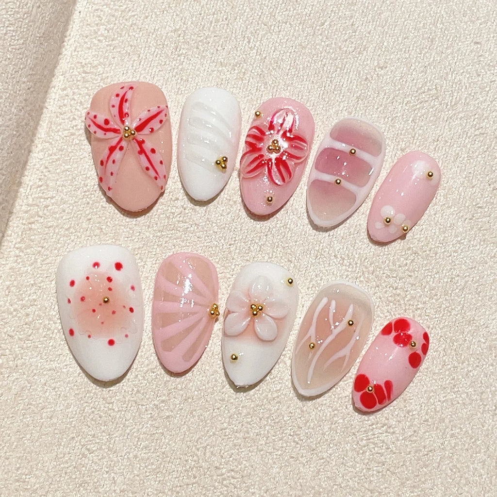 Faux ongles à pression Amande Moyen Rose Blanc Fleur Rouge Nœud Doré – Faits main (Lot de 10)