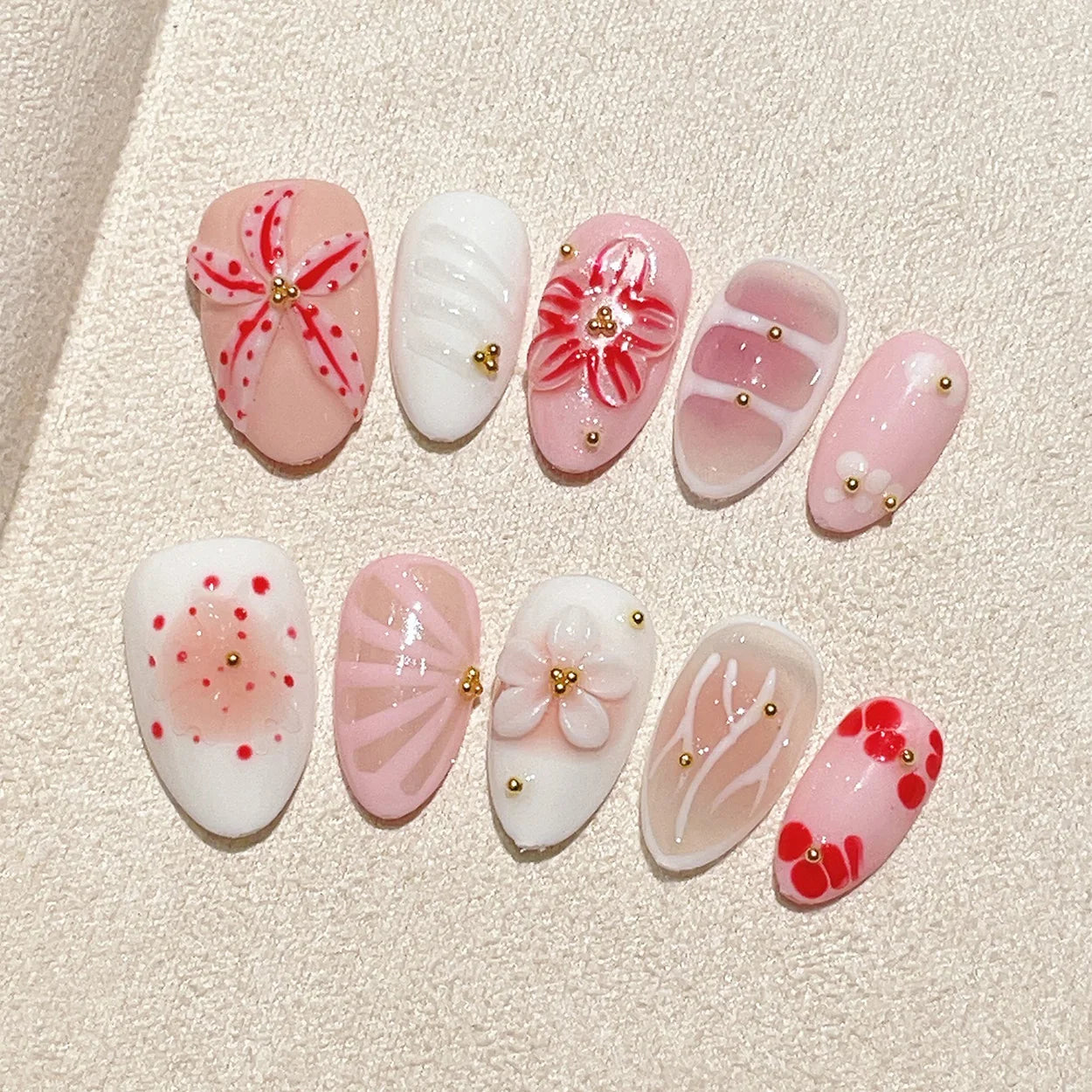 Faux ongles à pression Amande Moyen Rose Blanc Fleur Rouge Nœud Doré – Faits main (Lot de 10)