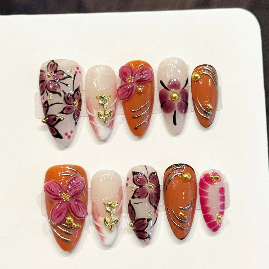 Faux ongles à pression Amande Moyen Pétales Sculptés 3D - Faits main (Lot de 10)