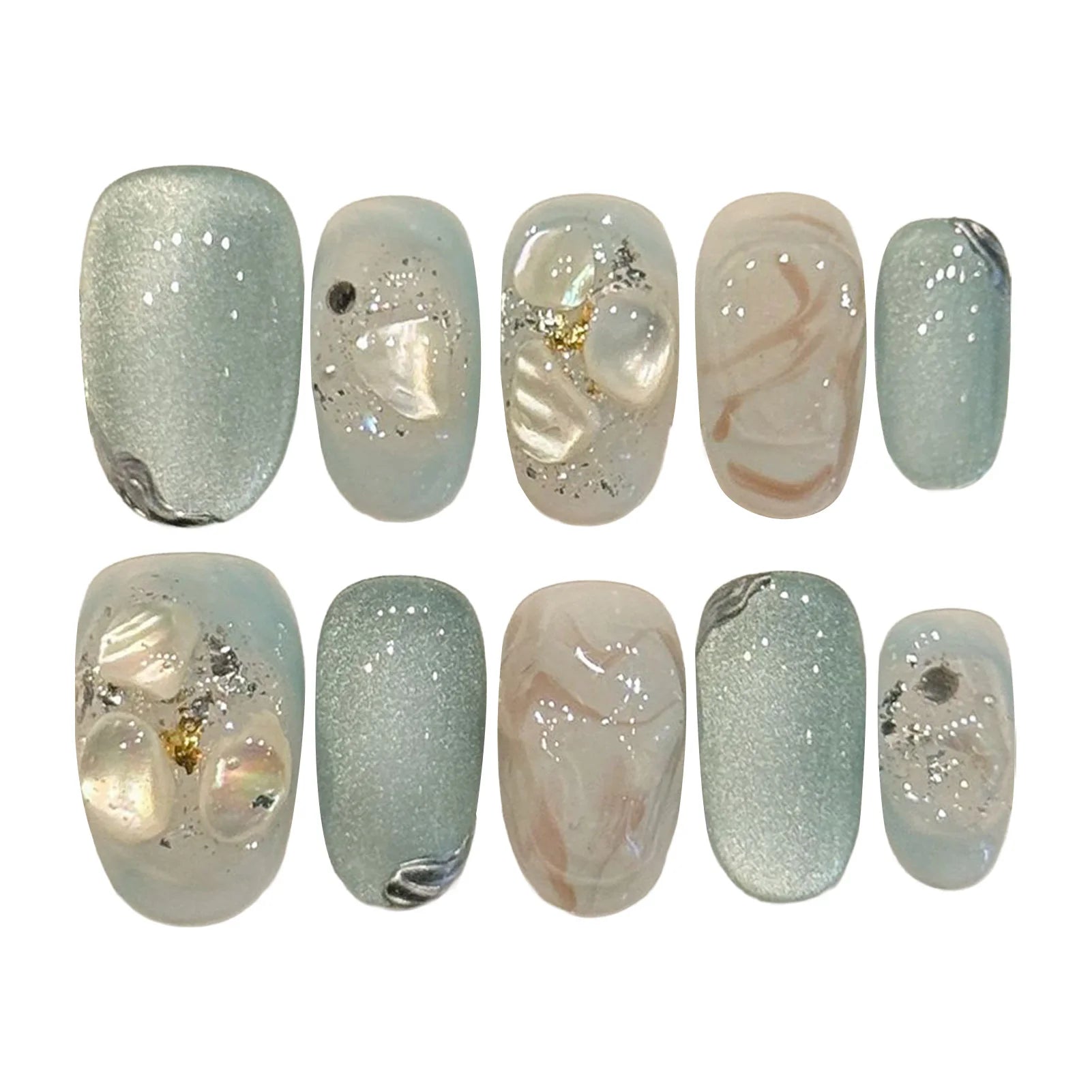 Faux ongles à pression Ovale Court Bleu Glacé Perles et Strass - Faits main (Lot de 10)