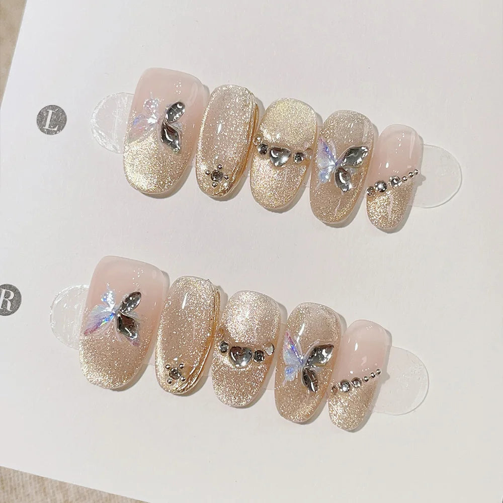 Faux ongles à pression Ovales - Champagne Pailleté Papillon Argenté – Faits main (Lot de 10)