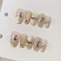Faux ongles à pression Ovales - Champagne Pailleté Papillon Argenté – Faits main (Lot de 10)