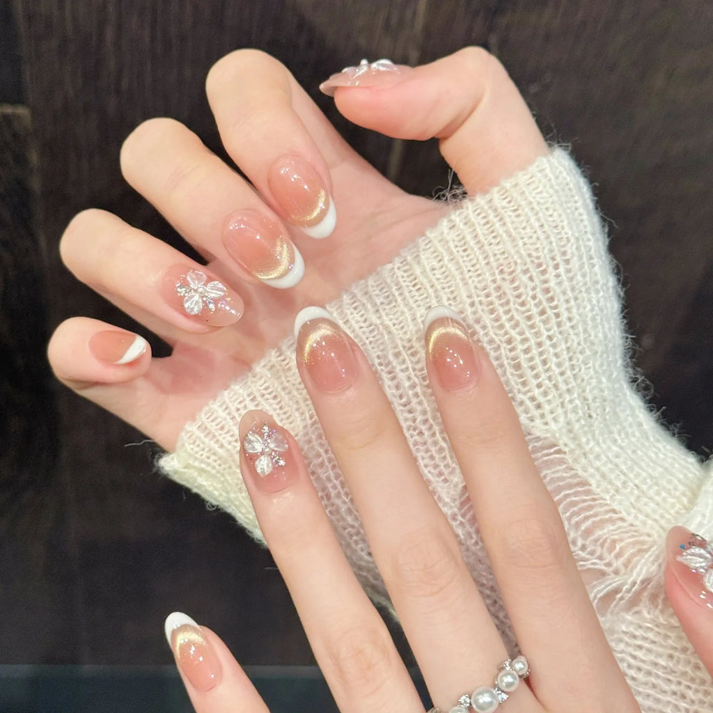 Faux ongles à pression Ovale Court Beige Doré Effet Miroir Strass - Faits main (Lot de 10)