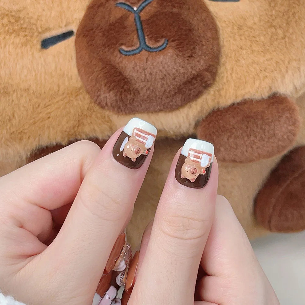 Faux ongles à pression - Carré Arrondie -Capybara Chocolat Love – Faits main (Lot de 10)