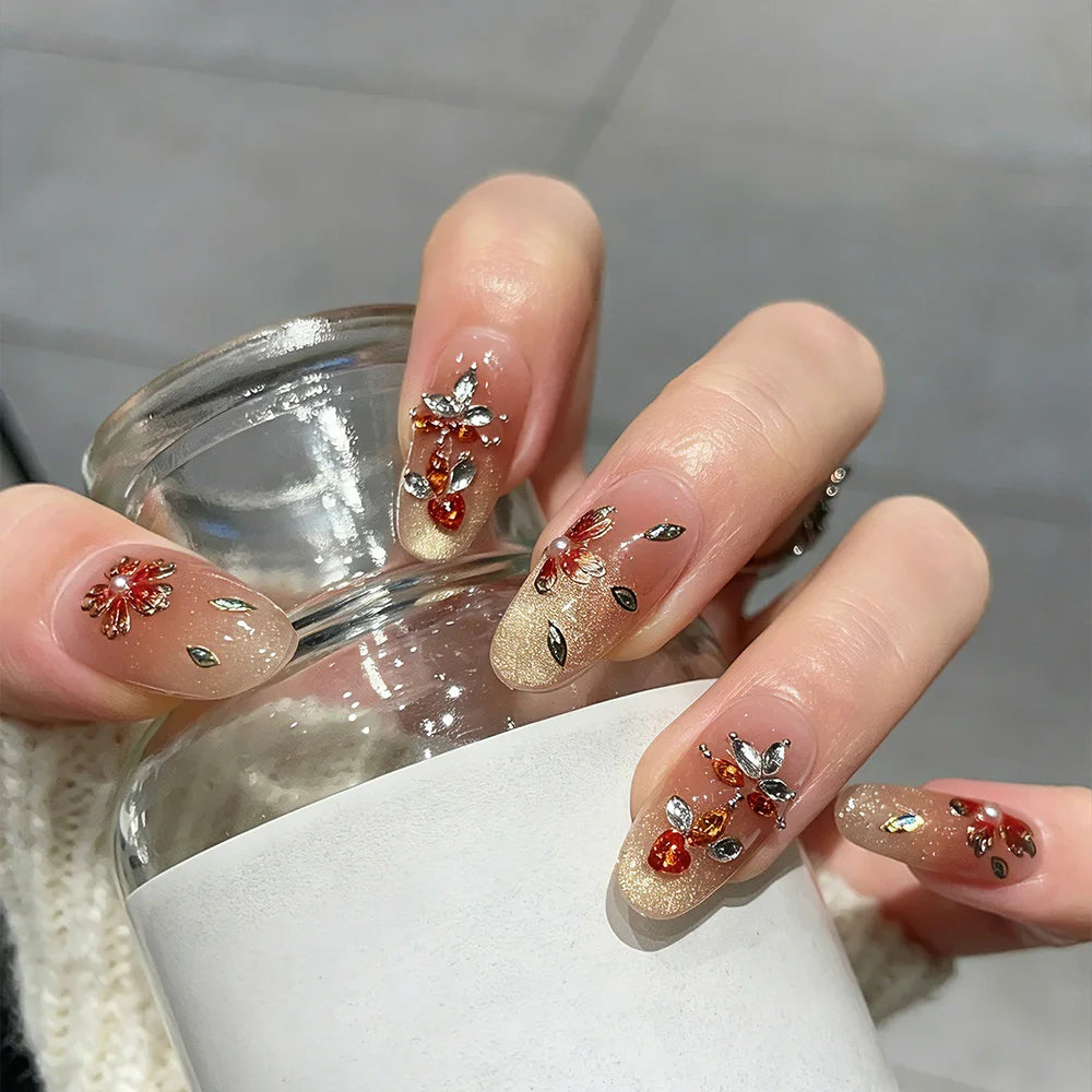 Faux ongles à pression en Amande - Nude Doré Fleurs Strass Multicolores – Faits main (Lot de 10)