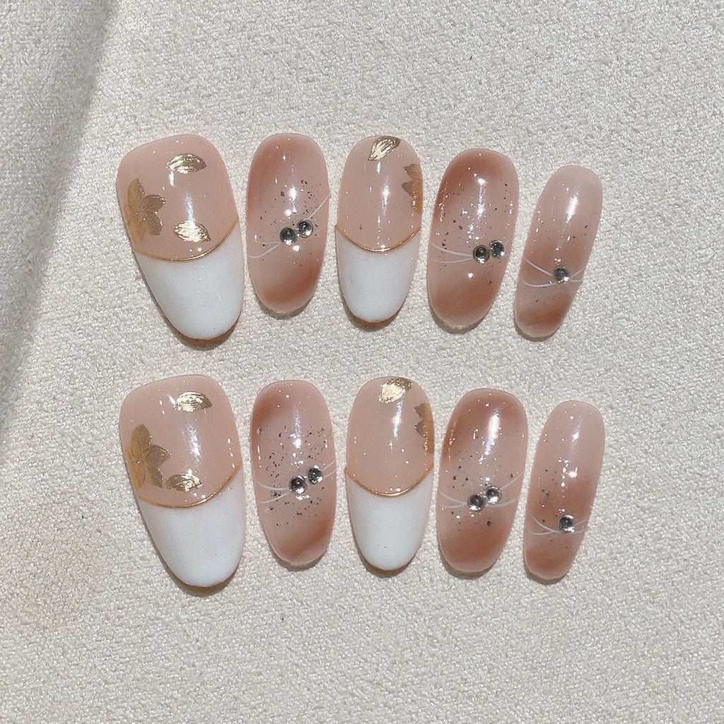 Faux ongles à pression Ovales - Nude Vichy Cristal – Faits main (Lot de 10)