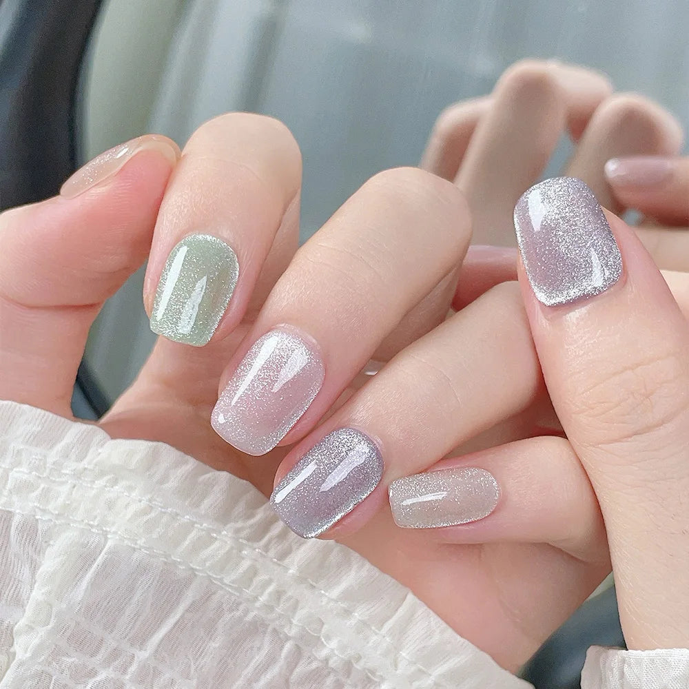 Faux ongles à pression Carré Court Pastel Pailleté Holographique – Faits main (Lot de 10)