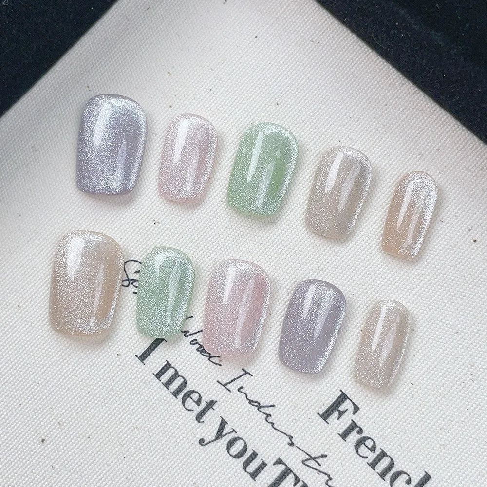Faux ongles à pression Carré Court Pastel Pailleté Holographique – Faits main (Lot de 10)