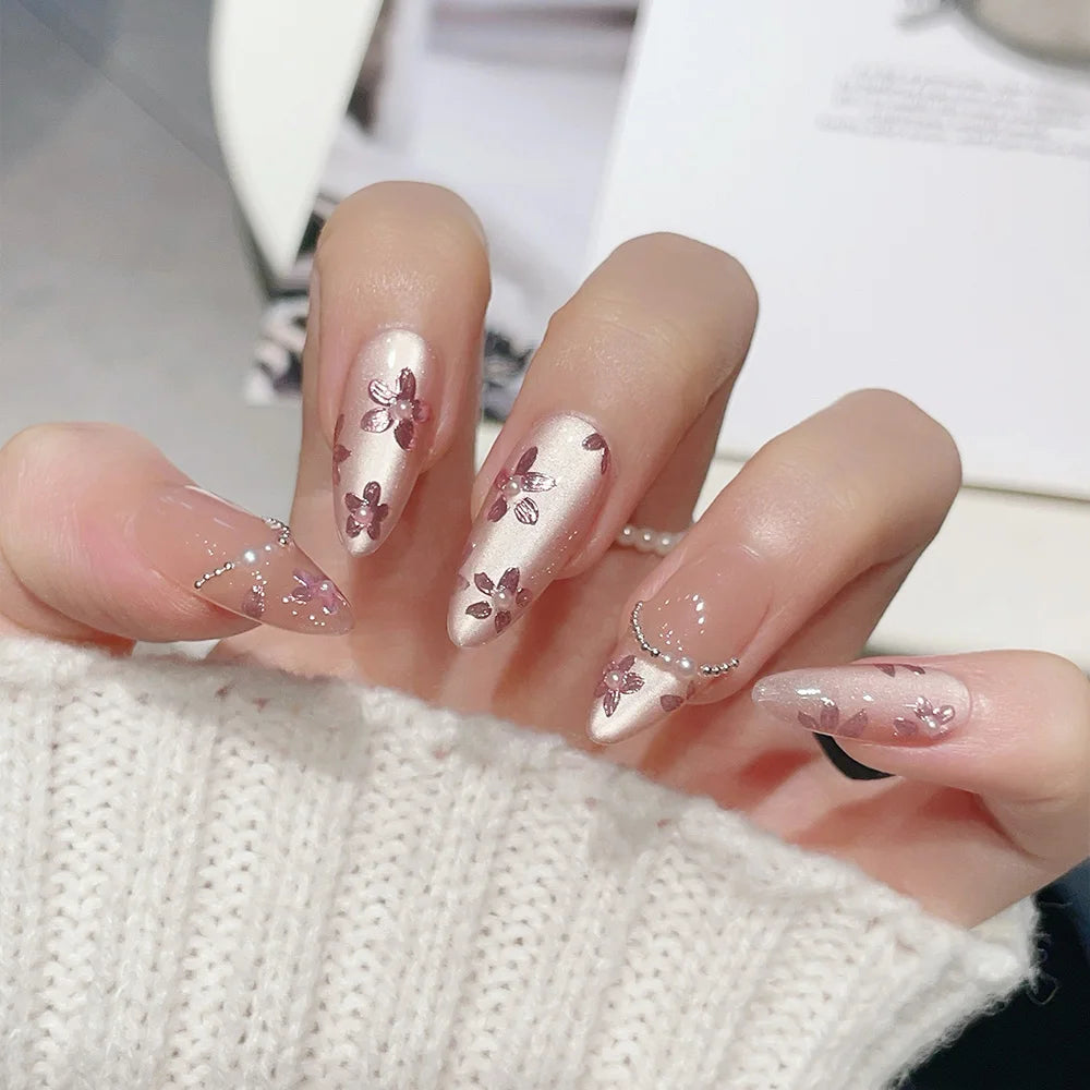 Faux ongles à pression en Amande Rose Fleur Chaîne – Faits main (Lot de 10)