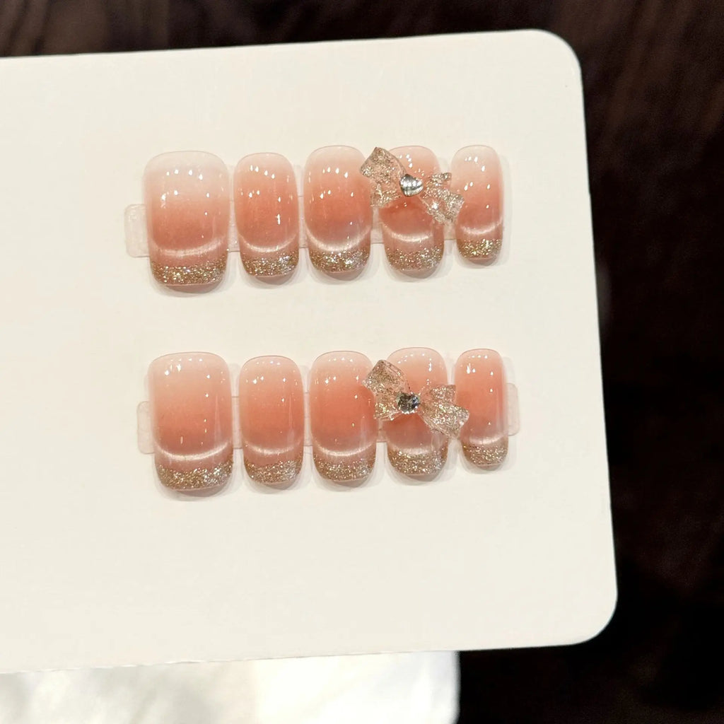 Faux ongles à pression Carré Moyen Rose Doré French Strass - Faits main (Lot de 10)