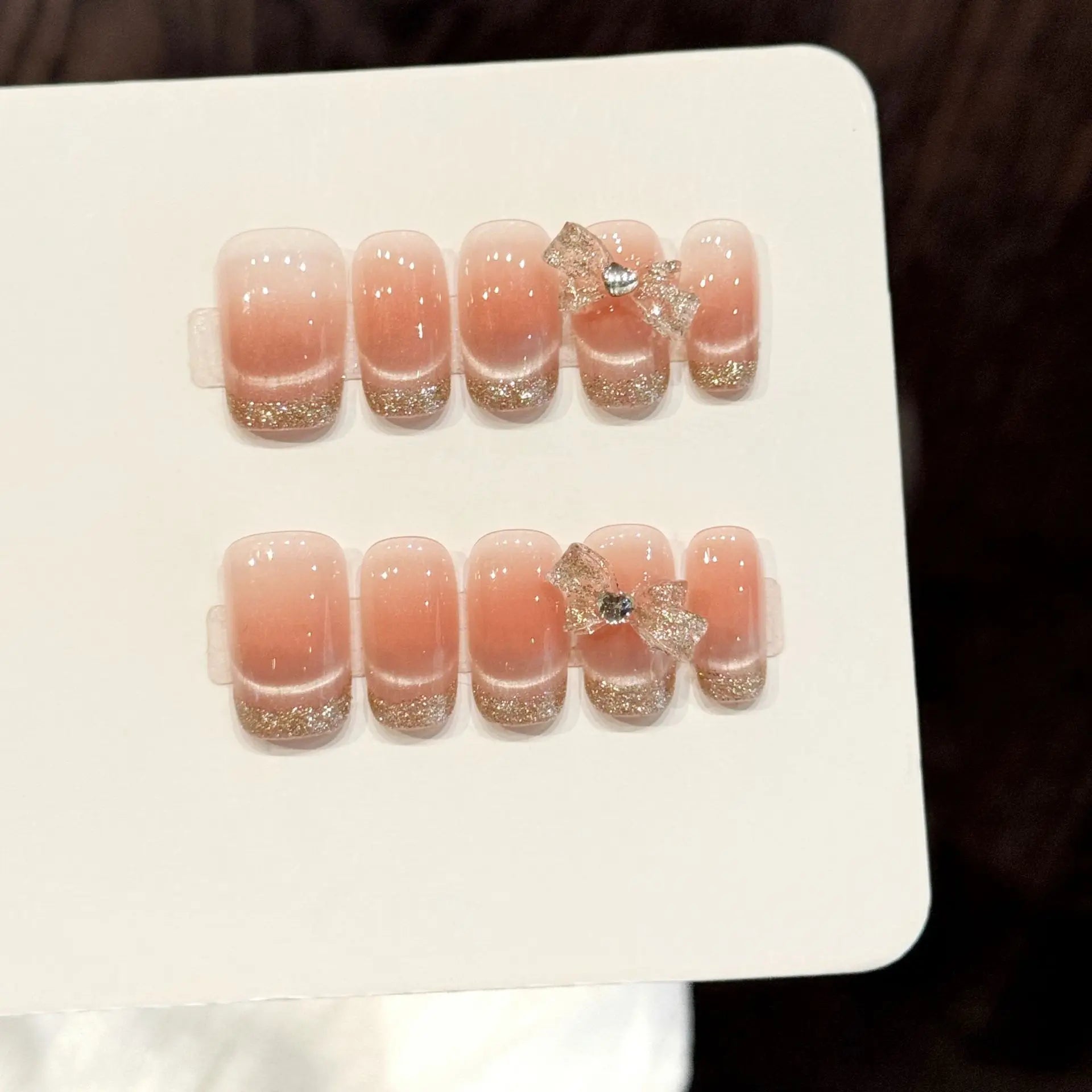 Faux ongles à pression Carré Moyen Rose Doré French Strass - Faits main (Lot de 10)
