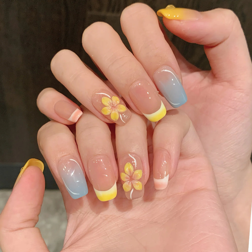 Faux ongles à pression Pastel Fleurs Ensoleillées - Faits main (Lot de 10)