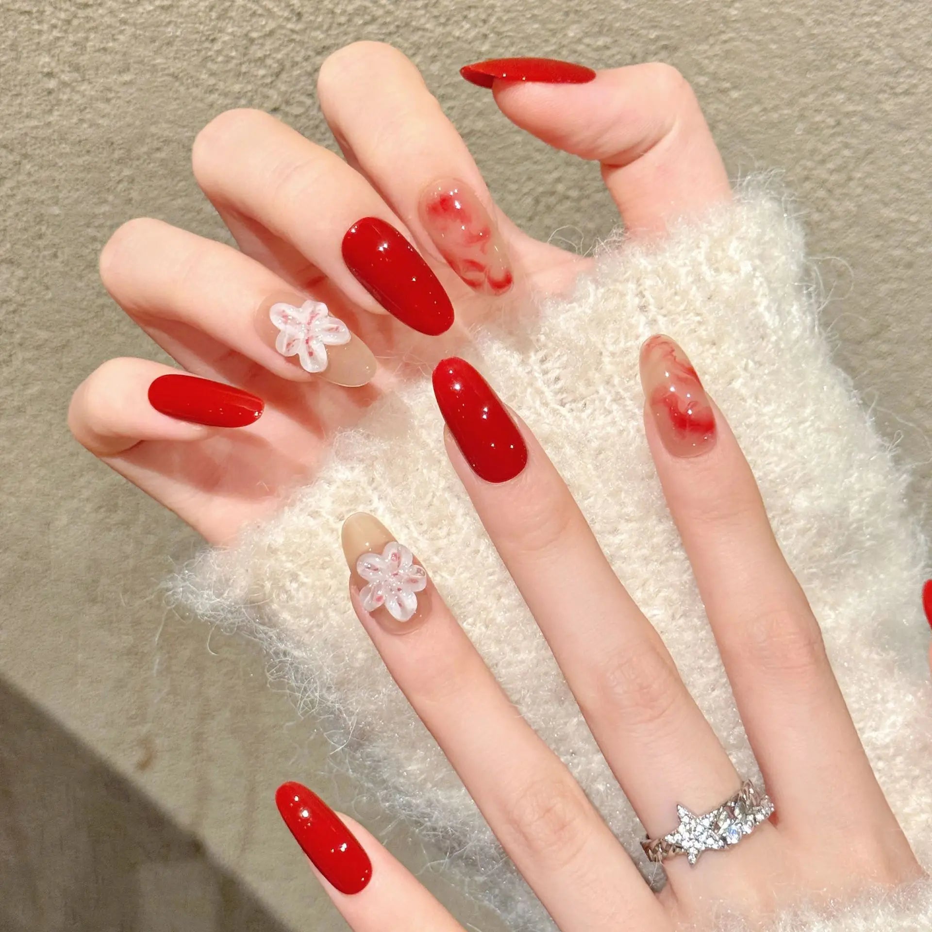 Faux ongles à pression Rouge Nacré Intense - Faits main (Lot de 10)