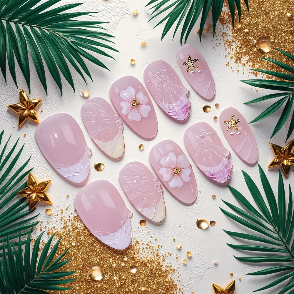 Faux ongles à pression en Amande French Rose et Fleurs – Faits main (Lot de 10)