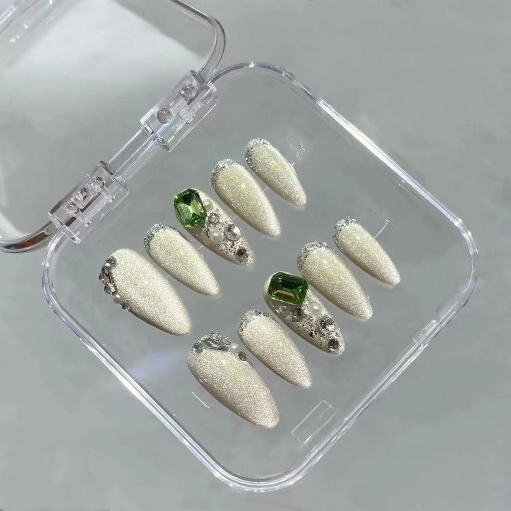 Faux ongles à pression Amande Moyen Rose Effet Miroir Strass - Faits main (Lot de 10)