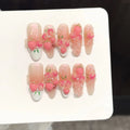 Faux ongles à pression Ovale Long Fraise 3D Rose Perle Girly Romantique - Faits main (Lot de 10)