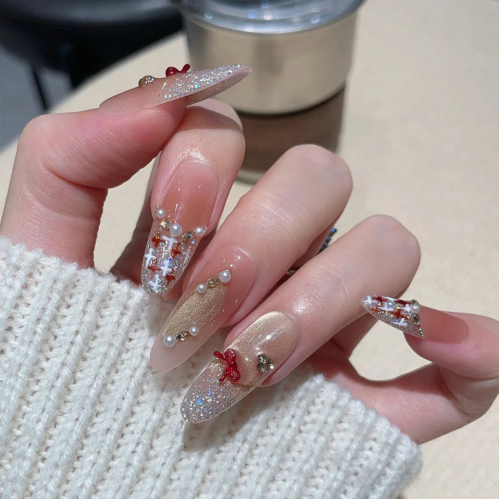 Faux ongles à pression Ovale Long Rose Dégradé Nœud Bling Bling Noble - Faits main (Lot de 10)
