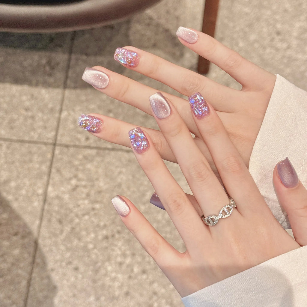 Faux ongles à pression Amande Court Lavande Pailletée Diamant Brisé - Faits main (Lot de 10)