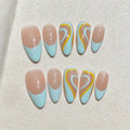 Faux ongles à pression Amande Long French Bleu Ciel Swirl Jaune – Faits main (Lot de 10)