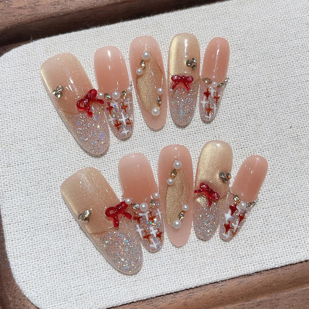 Faux ongles à pression Ovale Long Rose Dégradé Nœud Bling Bling Noble - Faits main (Lot de 10)