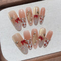 Faux ongles à pression Ovale Long Rose Dégradé Nœud Bling Bling Noble - Faits main (Lot de 10)