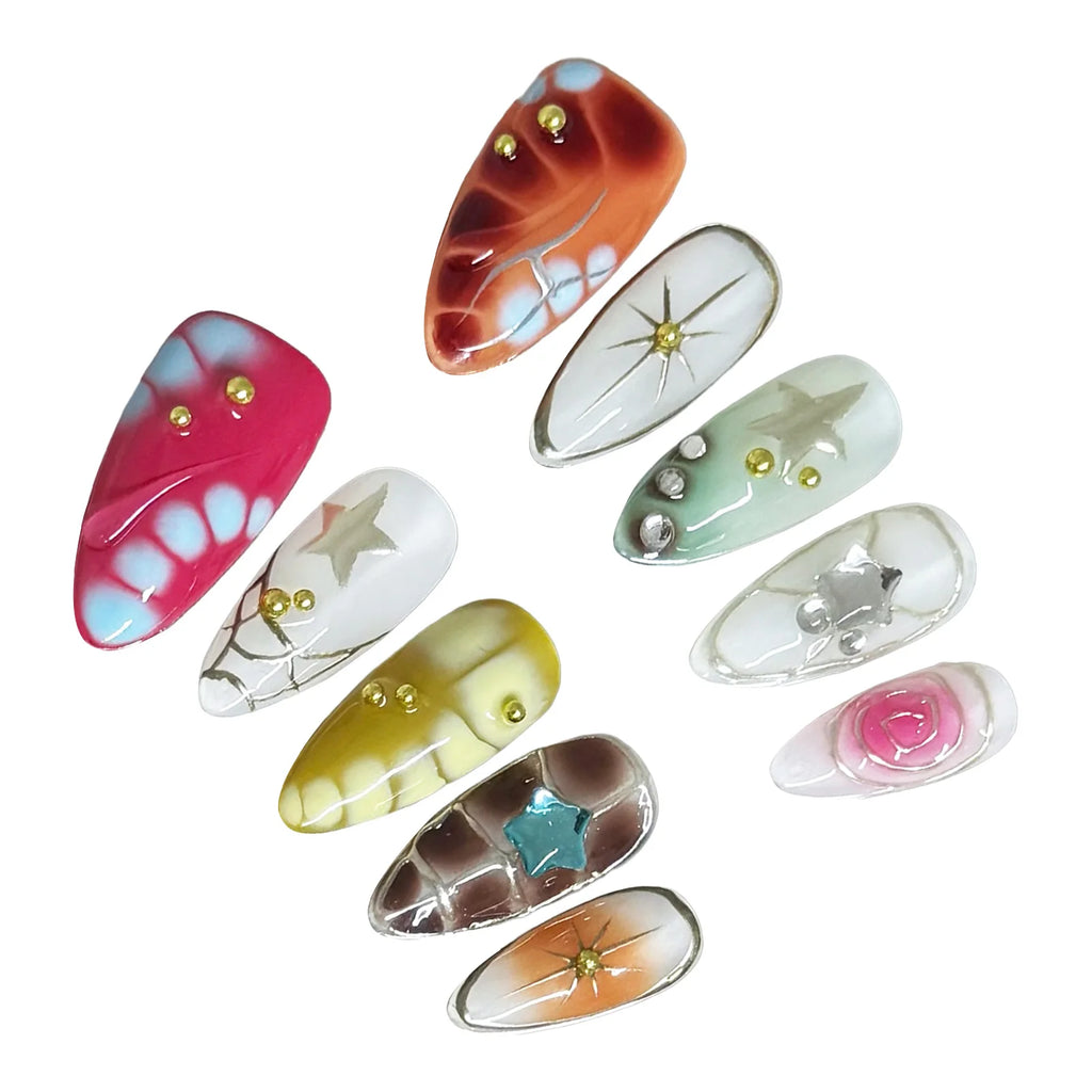 Faux ongles à pression Amande Moyen Motif Crocodile Étoiles Style Y2K - Faits main (Lot de 10)