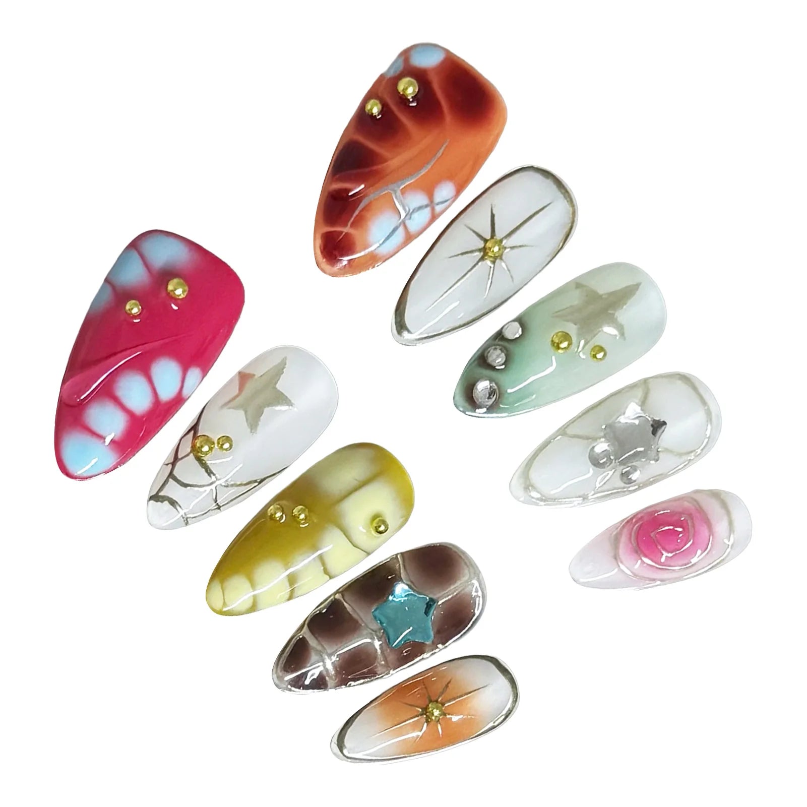 Faux ongles à pression Amande Moyen Motif Crocodile Étoiles Style Y2K - Faits main (Lot de 10)