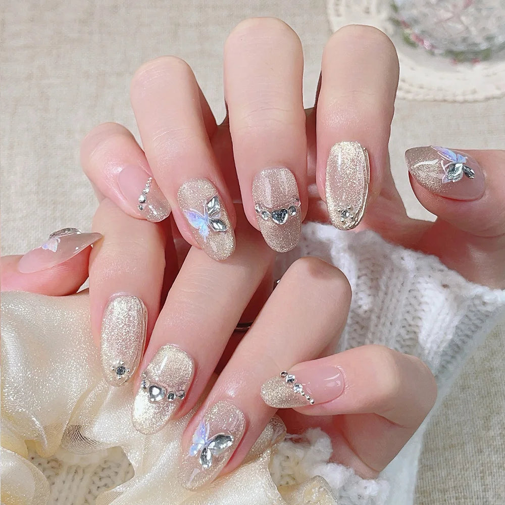 Faux ongles à pression Ovales - Champagne Pailleté Papillon Argenté – Faits main (Lot de 10)