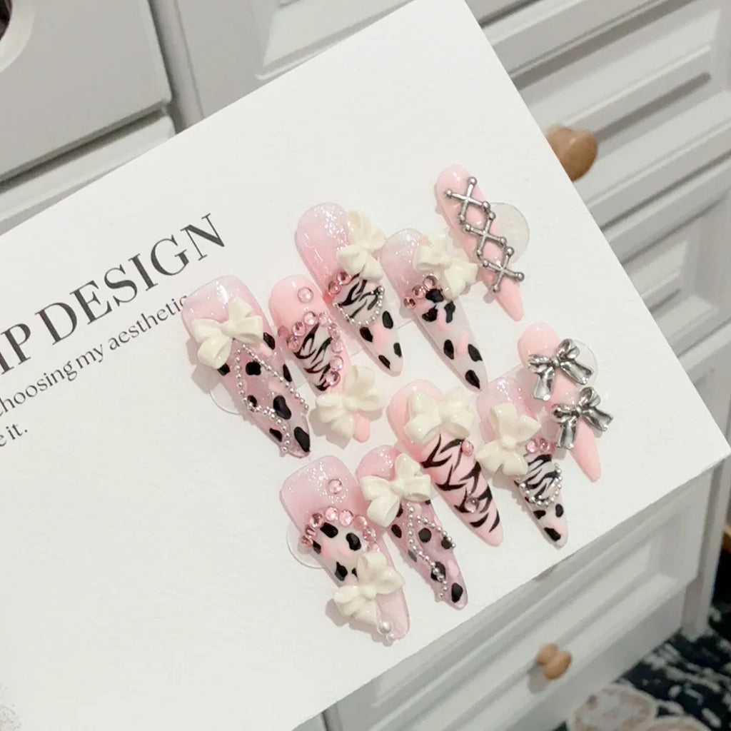Faux ongles à pression Rose Léopard et Nœud - Faits main (Lot de 10)