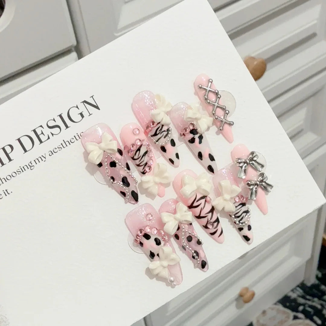 Faux ongles à pression Rose Léopard et Nœud - Faits main (Lot de 10)