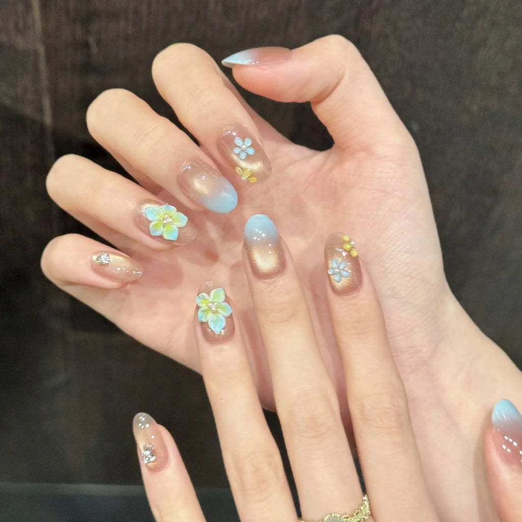 Faux ongles à pression Ovale Moyen Dégradé Bleu Translucide Sculpté Printanier Estival - Faits main (Lot de 10)