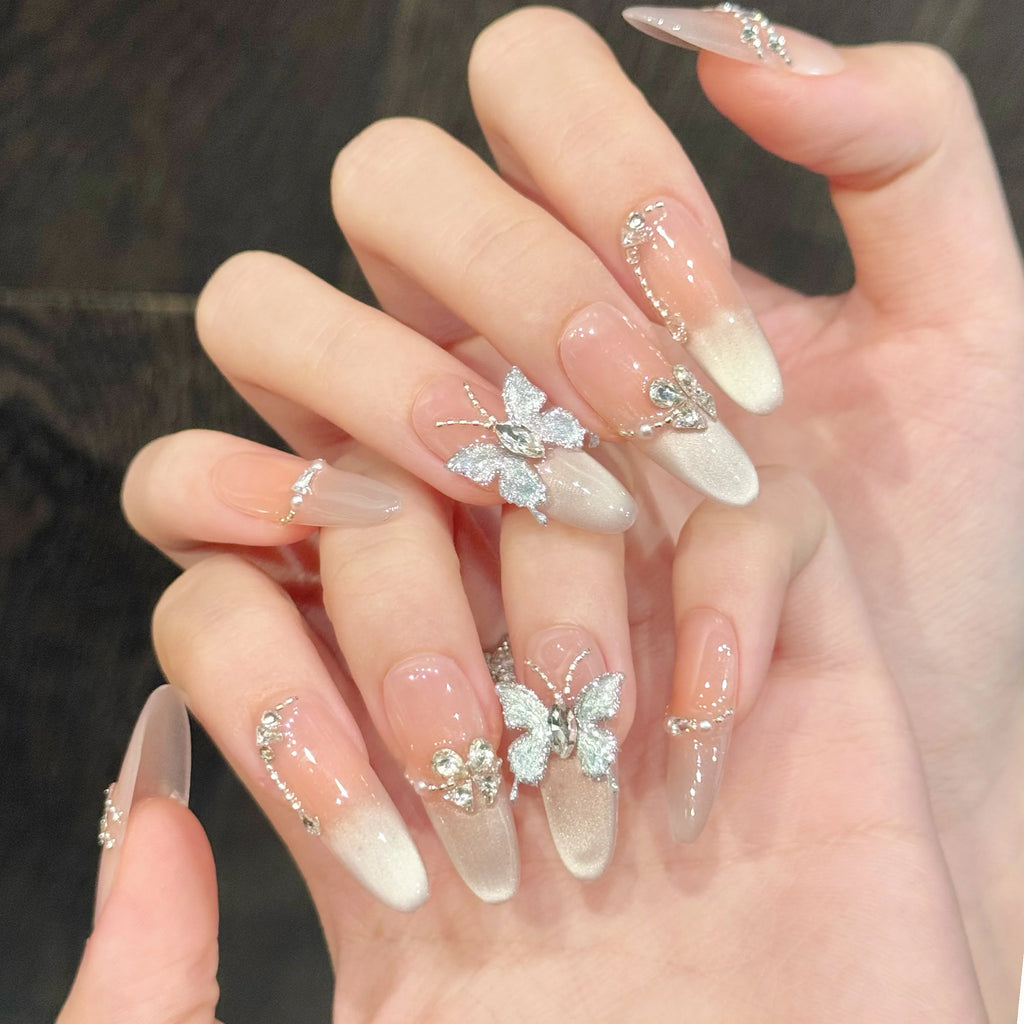 Faux ongles à pression Ovale Long Papillon Effet Miroir Changeant - Faits main (Lot de 10)