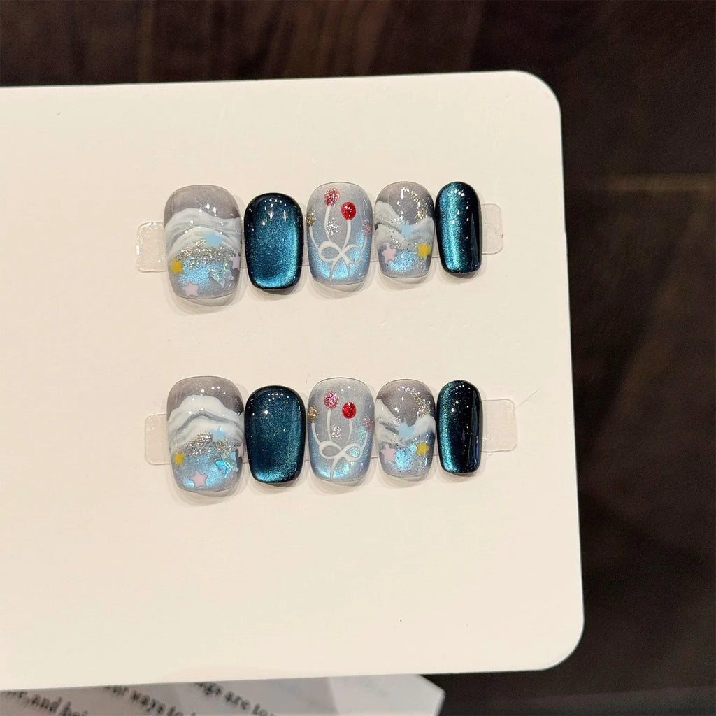 Faux ongles à pression Bleu Océan Aurora Irisé - Faits main (Lot de 10)