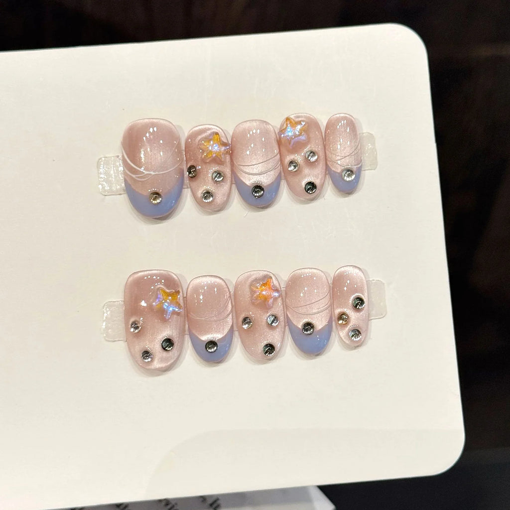 Faux ongles à pression Ovale Court Rose Aurora Étoiles Strass - Faits main (Lot de 10)