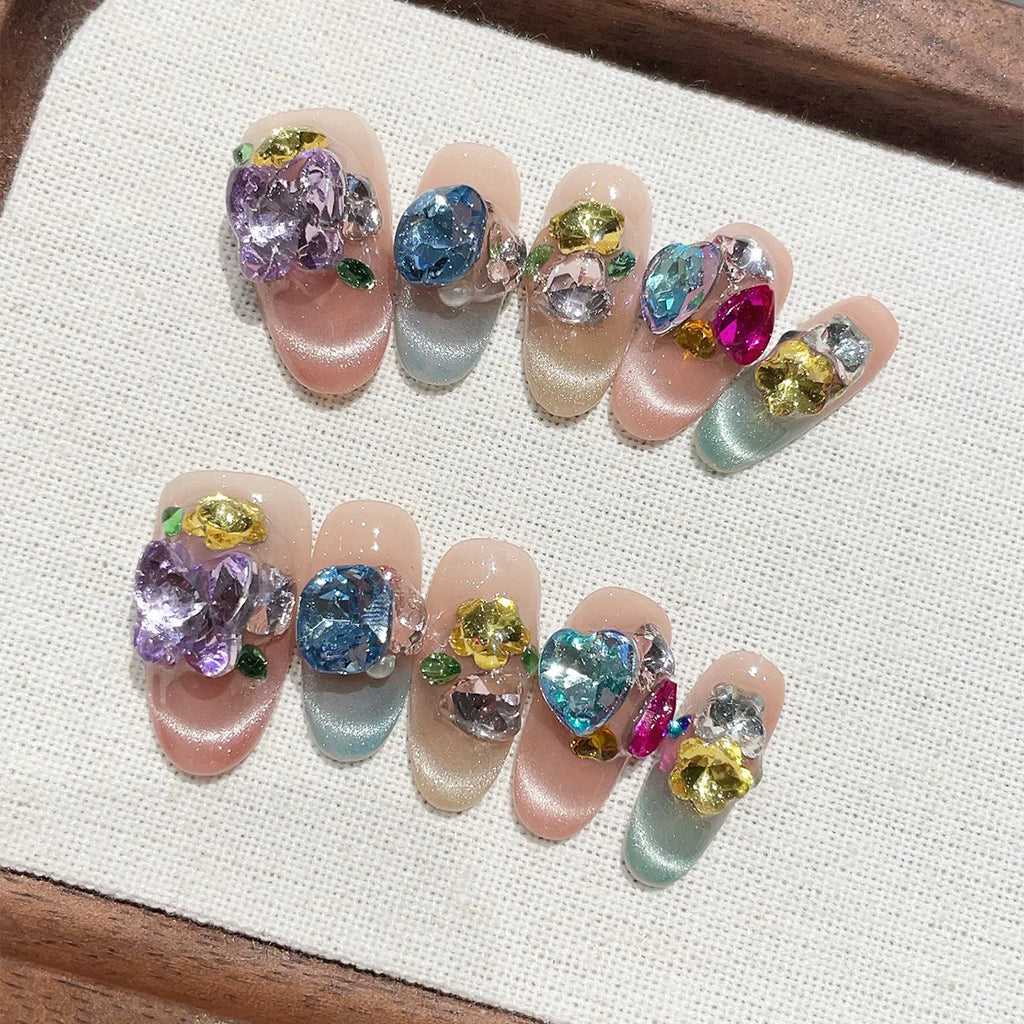 Faux ongles à pression Ovale Moyen Multicolore Candy Party Festif - Faits main (Lot de 10)