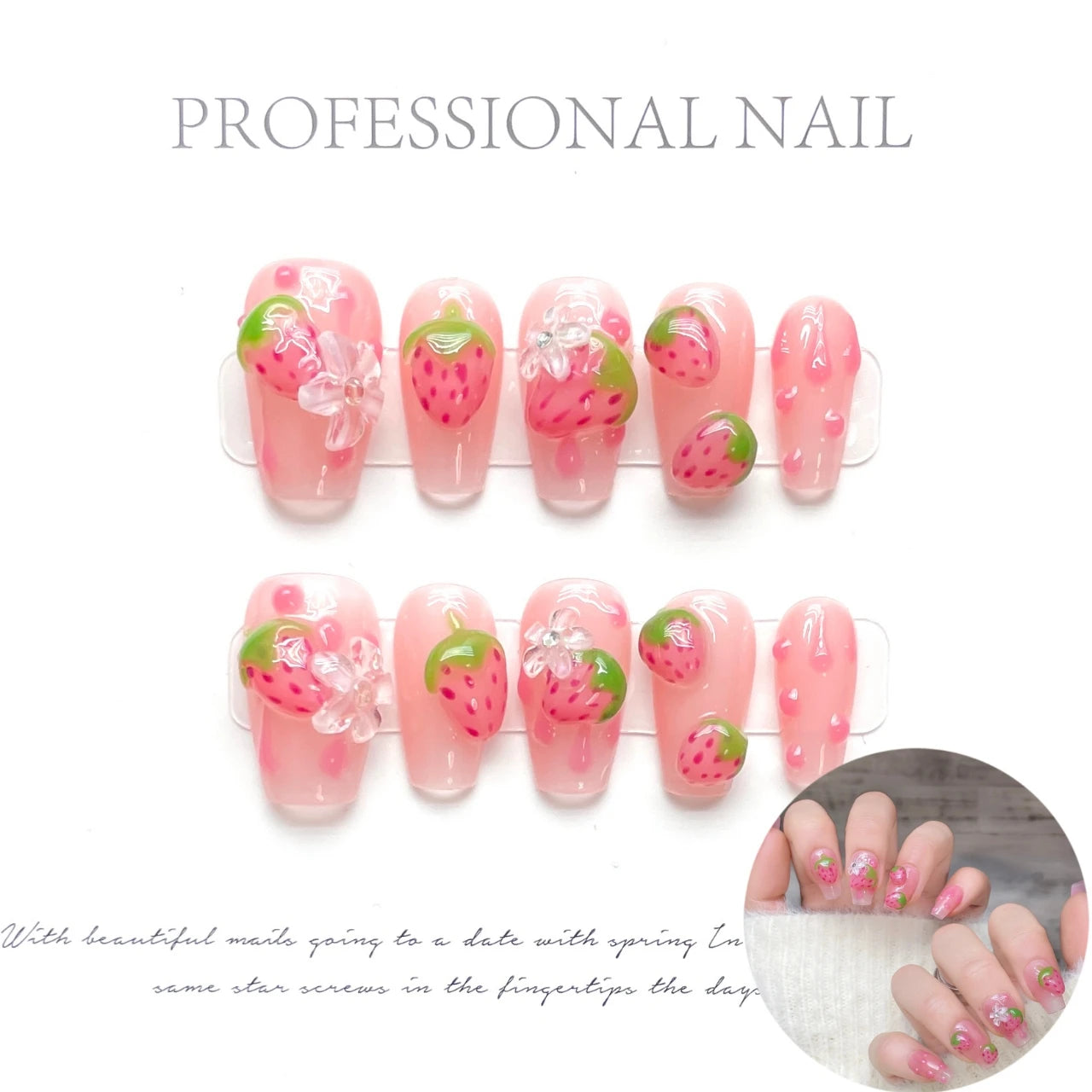 Faux ongles à pression Amande Moyen Fraise Cœur Doux Kawaii Sucré - Faits main (Lot de 10)