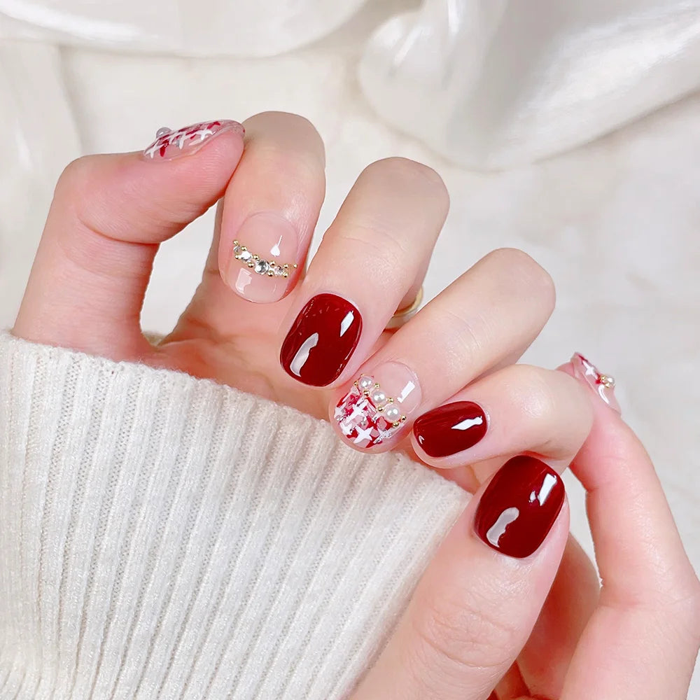 Faux ongles à pression - Carrés arrondie - Rouge Tweed Perle Strass – Faits main (Lot de 10)