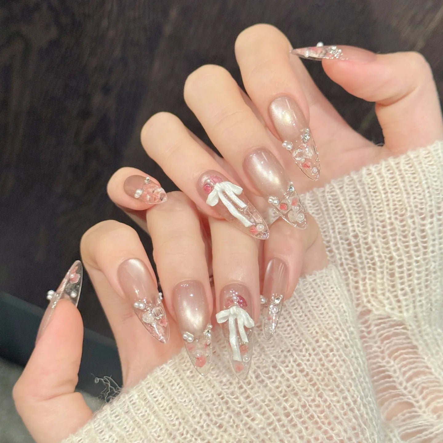 Faux ongles à pression Ovale Long Beige Rosé Strass Lumineux - Faits main (Lot de 10)
