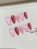 Faux ongles à pression en Amande - Rose Rouge Marbré Fleur Strass – Faits main (Lot de 10)