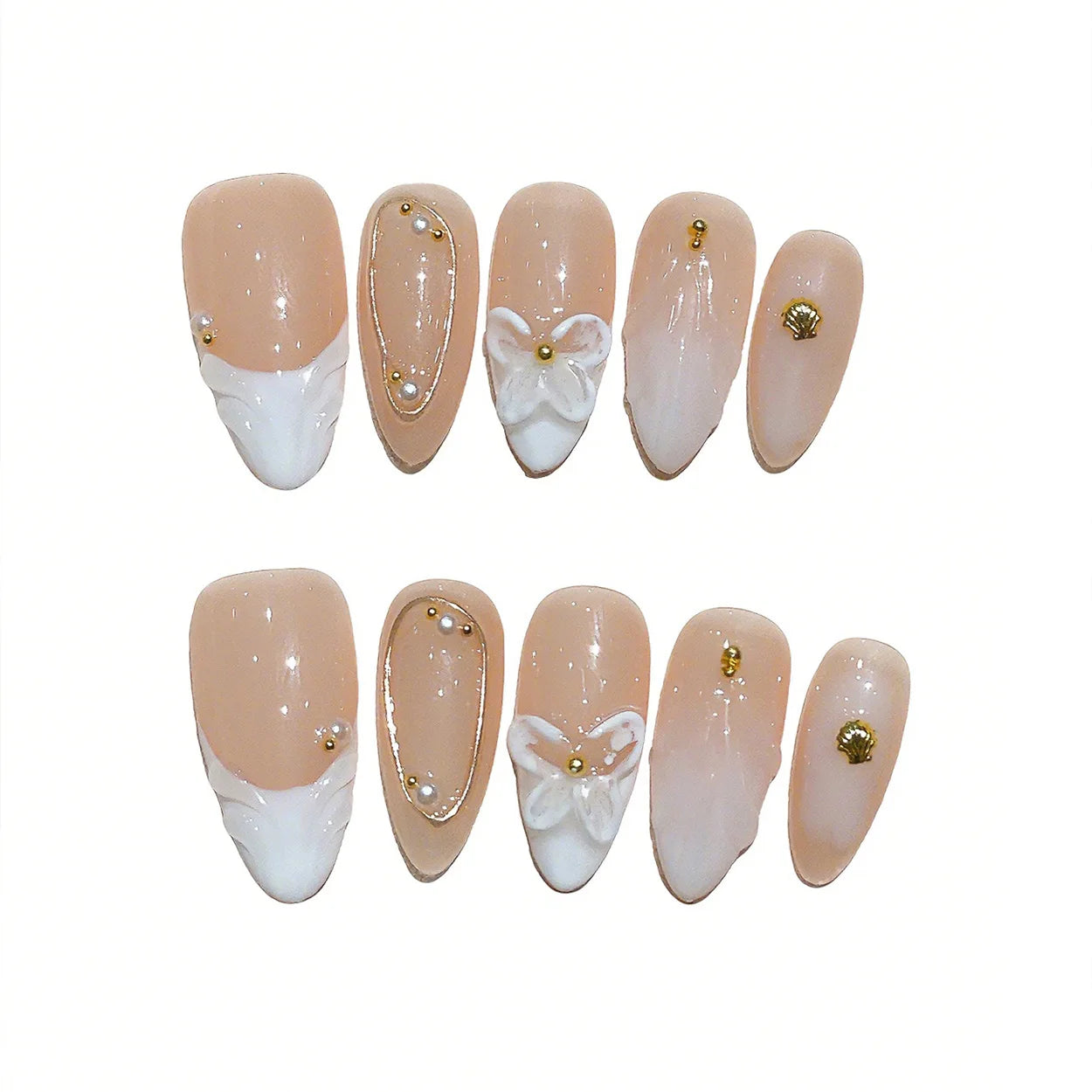 Faux ongles à pression Amande Moyen Abricot Blanc Fleurs Sculptées Noble Doux - Faits main (Lot de 10)