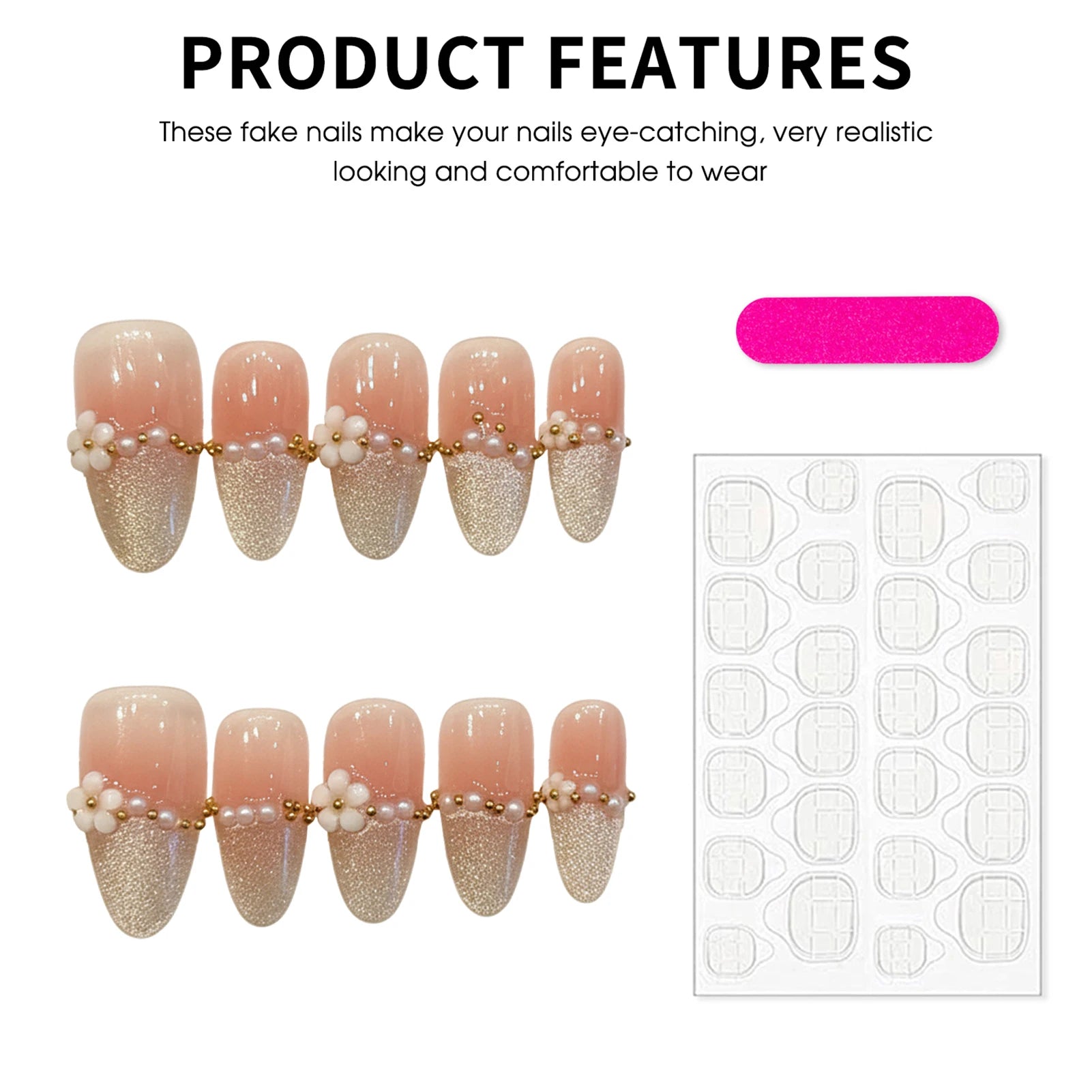 Faux ongles à pression Amande Moyen Rose Doré Fleurs et Perles - Faits main (Lot de 10)