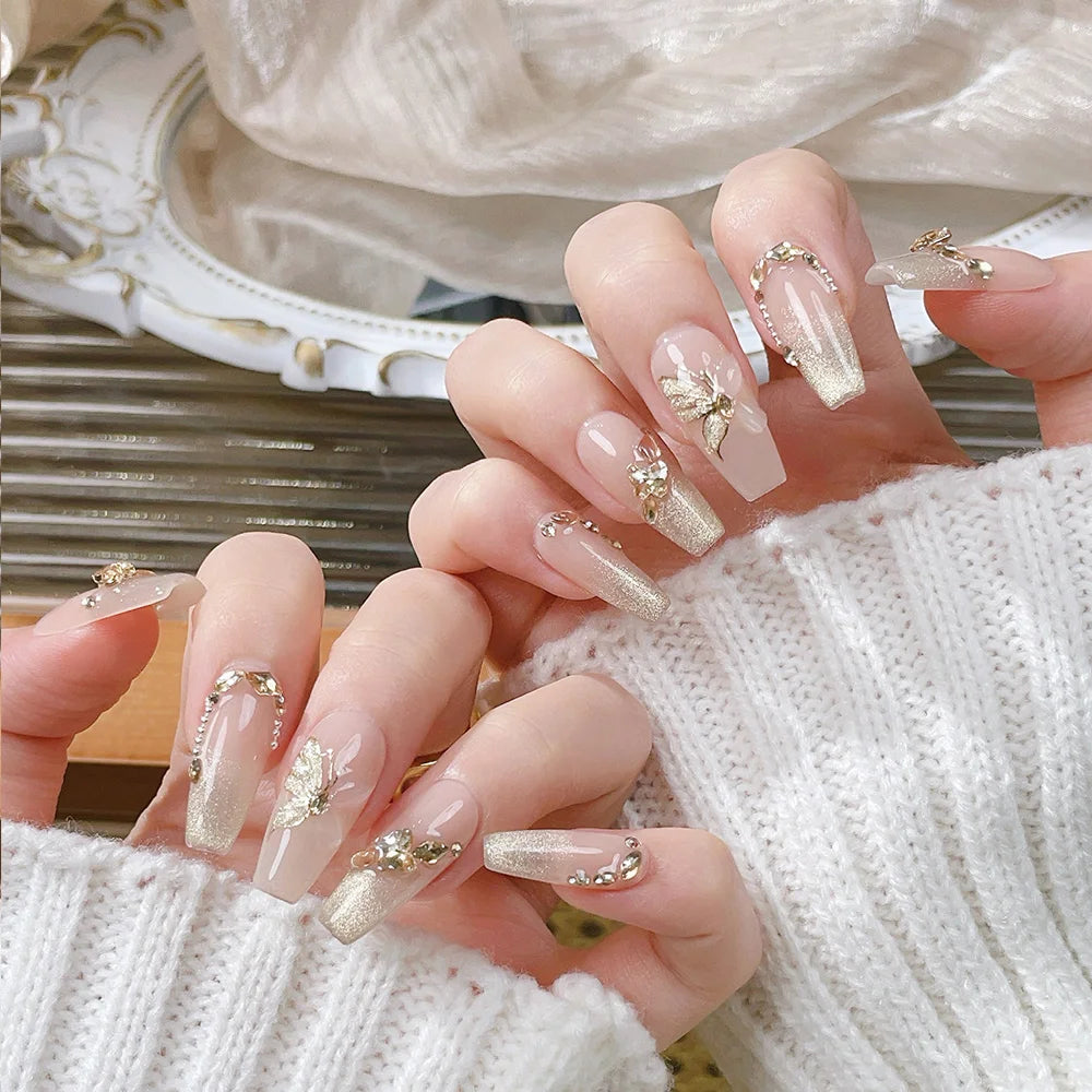 Faux ongles à pression Ballerine Long Nude Doré Papillon Doré Élégant - Faits main (Lot de 10)